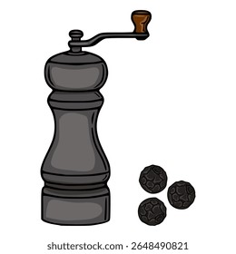 Vector illustration of a vintage pepper grinder with three peppercorns, showcasing a detailed hand-drawn style with dark gray and brown color palette, ideal for culinary designs.