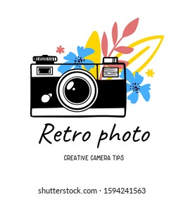 Vector illustration of vintage photo camera on white background with flower and text. Flat line art style design of photo camera for web, site, poster, banner, print, sticker