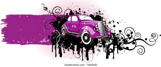 Vector illustration of vintage pink car. Grunge version. Pla?e for you text.