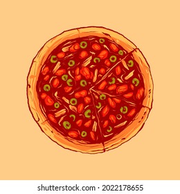 vector illustration of vintage pizza with mozzarella cheese topping, sausage, mushrooms and other vegetables, suitable for food and beverage products 