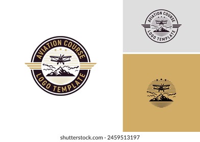 Vector illustration of Vintage Plane with Mountain and Sky for Classic Aviation Aircraft Airline Airplane Flight Emblem Badge Retro Label Logo Design