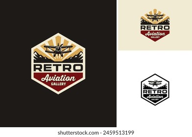 Vector illustration of Vintage Plane with Mountain and Sky for Classic Aviation Aircraft Airline Airplane Flight Emblem Badge Retro Label Logo Design