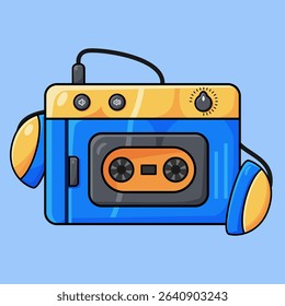 Vector illustration of a vintage portable cassette tape player with headphones, perfect for music, retro tech, nostalgia, or audio device themed designs.