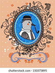 vector illustration of a vintage portrait with a  funny bird