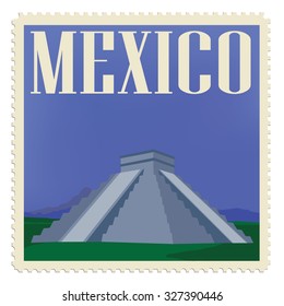 Vector illustration vintage post stamp with chichen  itza maya monument. Travel icon. Postage stamp