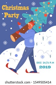 Vector illustration of vintage poster for christmas and new year. Holiday season card in retro style. Festive banner with man holding a christmas tree and Christmas Party lettering in cartoon style