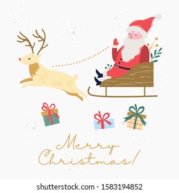 Vector illustration of vintage poster for christmas and new year. Holiday card with Santa Claus riding a sleigh and running deer in retro style. Christmas banner with gift box with ribbon and bow
