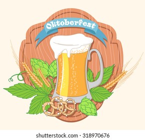 Vector illustration Vintage poster or greeting card for Oktoberfest Beer festival celebration with mug, grains, hops leaves, pretzels and ribbon on wooden signboard 