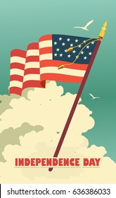 Vector illustration of a vintage poster for the Independence Day holiday of America, the national flag on a background of a clean sky