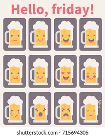 Vector illustration: vintage poster with set of flat 12 funny beer mug emoji icons isolated on dark gray stickers and creamy background for Oktoberfest decoration.
