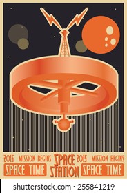 Vector illustration of an vintage poster space station satelite