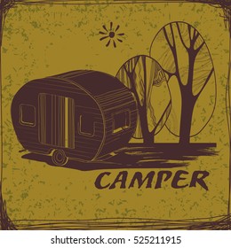 Vector illustration of Vintage Poster with Trailer, Vehicles Camper Vans Caravans typographic, silhouette trailer, caravan. Print for textile with text. 