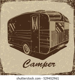 Vector illustration of Vintage Poster with Trailer, Vehicles Camper Vans Caravans typographic, silhouette trailer, caravan. Print for textile with text. Postage Stamp