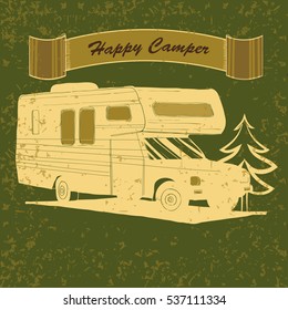 Vector illustration of Vintage Poster with Trailer, Vehicles Camper Vans Caravans typographic, silhouette trailer, caravan. Print for textile with text. Postage Stamp