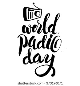 Vector illustration of a vintage radio for World Radio Day. Lettering design brush script illustration hand-drawn.