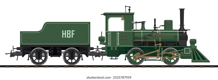 Ilustración vectorial de locomotora de vapor de ferrocarril vintage con vagón de carbón en estilo de dibujos animados