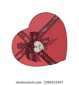 Vector illustration of vintage red heart box with dark red ribbon bow and name card. Image for postcard or sweets or gift box for birthday present. To paper decoration logo sticker banner poster print