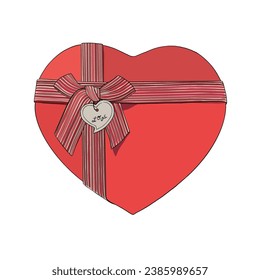 Vector illustration of vintage red heart box with stripped ribbon bow and name card. Image for postcard or sweets or gift box for Valentines day. For paper decoration logo sticker banner poster print
