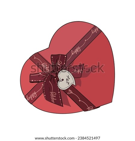 Vector illustration of vintage red heart box with dark red ribbon bow and name card. Image for postcard or sweets or gift box for birthday present. To paper decoration logo sticker banner poster print