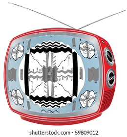 vector illustration of vintage red television with interference