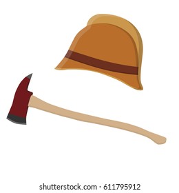 Vector illustration vintage, retro, antique fire helmet and red fire axe. Fireman uniform. Firefighter tool