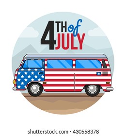 Vector Illustration of vintage or retro bus. Summer vacation. Classic Van. Fourth of July and Independence Day Vintage Postcard. Memorial day concept.