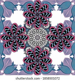 Vector illustration. Vintage retro style. For print on fabric, textiles, wallpaper. Seamless background. Seamless pattern with colorful paisley, white, black and blue flowers and decorative elements.