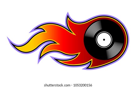 Vector illustration of vintage retro vinyl record icon with simple flames. Ideal for stickers, decals, casino poker logo design element and any kind of decoration.