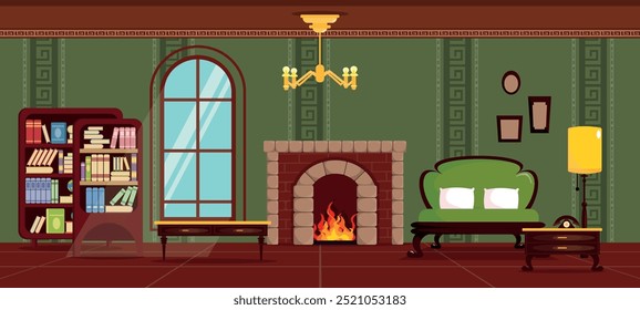 Vector illustration of a vintage room interior. Cartoon scene of a room with a fireplace, a sofa, a table, a bedside table with a telephone, a floor lamp, cabinets with books, a window, a chandelier.
