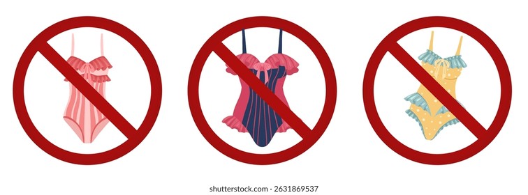 Vector illustration of vintage ruffled swimsuits crossed out with red prohibition signs. Wear revealing swimsuits in ban. Perfect for summer safety rules, badges. Flat cartoon style.