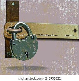 Vector illustration of vintage rusty metal lock on sliding safety guard.