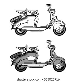 Vektorgrafik eines Vintage-Rollers. Embleme und Etiketten. Scooter beliebte Verkehrsmittel in einer modernen Stadt. Werbung, Broschüren, Geschäftsvorlagen. Einzeln auf schwarzem Hintergrund