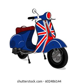 Vector illustration of vintage scooter. Emblems and label. Scooter popular means of transport in a modern city. Advertisements, brochures, business templates. Isolated on a black background