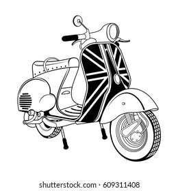 Vector illustration of vintage scooter. Emblems and label. Scooter popular means of transport in a modern city. Advertisements, brochures, business templates. Isolated on a white background