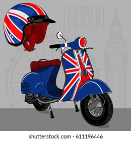 Vector illustration of vintage scooter. Emblems and label. Scooter popular means of transport in a modern city. Advertisements, brochures, business templates. Isolated on a color background