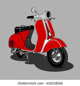 Vector illustration of vintage scooter. Emblems and label. Scooter popular means of transport in a modern city. Advertisements, brochures, business templates. Isolated on a color background