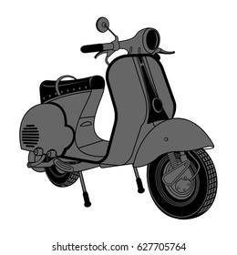 Vector illustration of vintage scooter. Emblems and label. Scooter popular means of transport in a modern city. Advertisements, brochures, business templates. Isolated on a white background