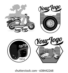 Vector illustration of vintage scooter. Emblems and label. Scooter popular means of transport in a modern city. Advertisements, brochures, business templates. Isolated on a white background