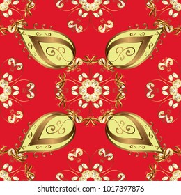 Vector illustration. Vintage seamless pattern on a red and yellow colors with golden elements.