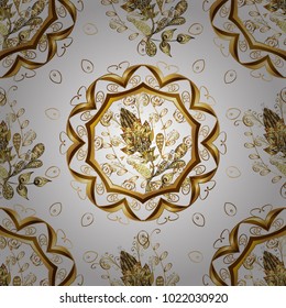 Vector illustration. Vintage seamless pattern on a white and yellow colors with golden elements.