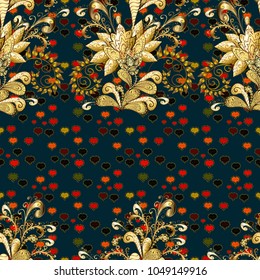 Vector illustration. Vintage seamless pattern on a blue, brown and yellow colors with golden elements.