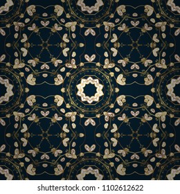 Vector illustration. Vintage seamless pattern on a blue, brown and white colors with golden elements.