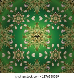 Vector illustration. Vintage seamless pattern on a green, neutral and yellow colors with golden elements.