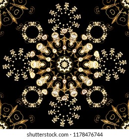 Vector illustration. Vintage seamless pattern on a black, brown and beige colors with golden elements.