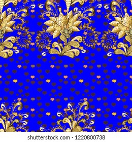 Vector illustration. Vintage seamless pattern on a yellow, blue and brown colors with golden elements.