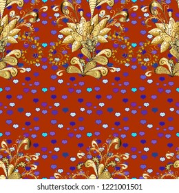 Vector illustration. Vintage seamless pattern on a violet, brown and orange colors with golden elements.