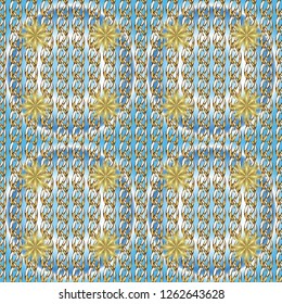 Vector illustration. Vintage seamless pattern on a blue and neutral colors with golden elements.