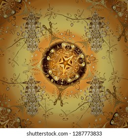 Vector illustration. Vintage seamless pattern on a yellow and orange colors with golden elements.