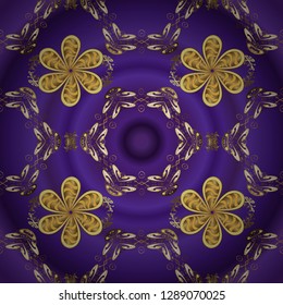 Vector illustration. Vintage seamless pattern on a violet and purple colors with golden elements.