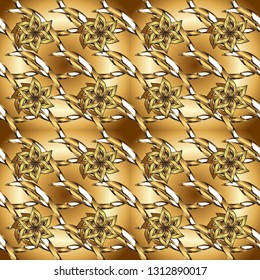 Vector illustration. Vintage seamless pattern on a yellow and brown colors with golden elements.